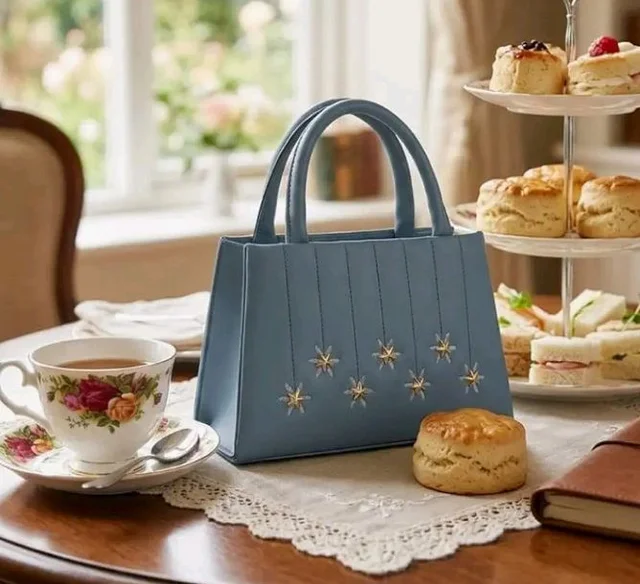 Slate-Blue Top-Handle Bag, Vegan Leather, Gold Star Embellishments, Quilted Stitching, Detachable Shoulder Strap, 23x14x8 cm