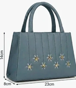 Slate-Blue Top-Handle Bag, Vegan Leather, Gold Star Embellishments, Quilted Stitching, Detachable Shoulder Strap, 23x14x8 cm