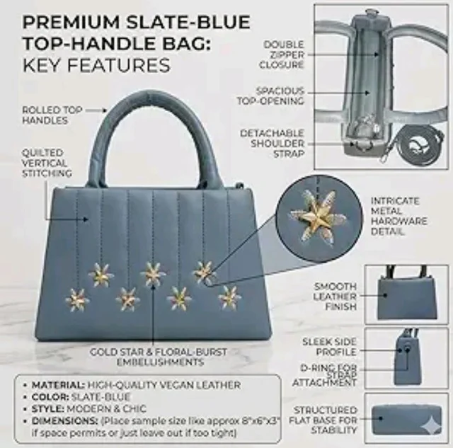 Slate-Blue Top-Handle Bag, Vegan Leather, Gold Star Embellishments, Quilted Stitching, Detachable Shoulder Strap, 23x14x8 cm