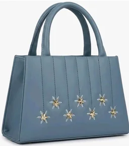 Slate-Blue Top-Handle Bag, Vegan Leather, Gold Star Embellishments, Quilted Stitching, Detachable Shoulder Strap, 23x14x8 cm