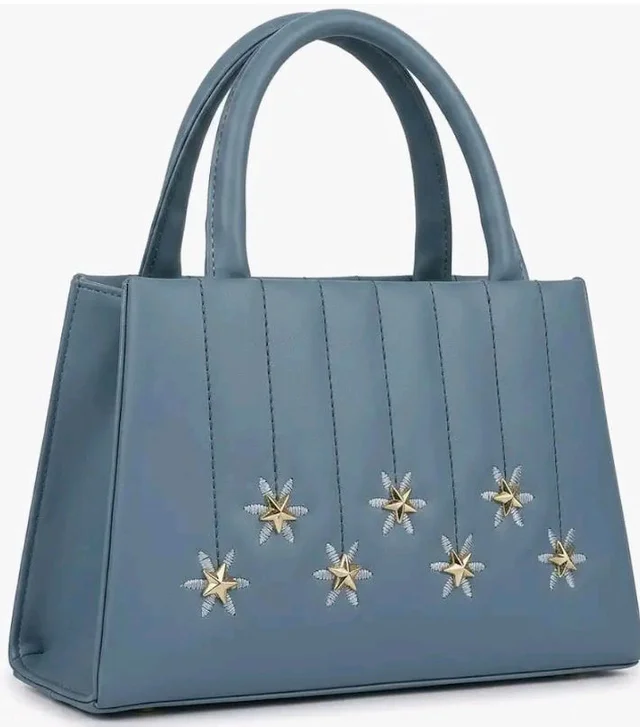Slate-Blue Top-Handle Bag, Vegan Leather, Gold Star Embellishments, Quilted Stitching, Detachable Shoulder Strap, 23x14x8 cm