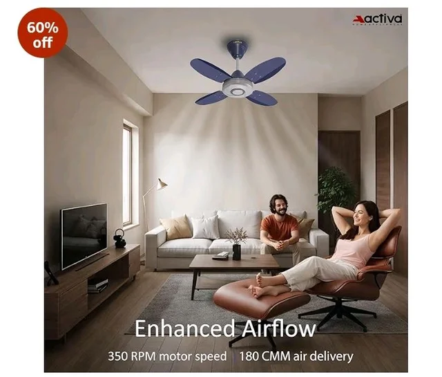 ACTIVA Ornet 600mm Ceiling Fan for Kitchen & Small Rooms | 4 Blade High Speed Fan | 850 RPM Powerful Air Delivery | Anti-Dust Coating | Energy Efficient Ceiling Fan | 2 Years Warranty | Silver Blue