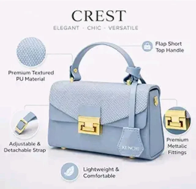 KUNCHI CREST Women’s Structured Handbag with Sling Strap | Premium Textured Flap Bag | Elegant Designer Purse for Party, Wedding & Office