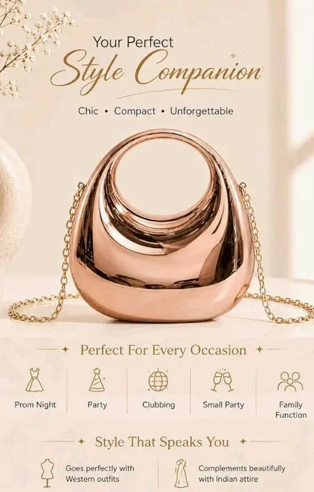 BLUSHARK Metallic Dome Clutch Sling Bag | Stylish Rose Gold Evening Clutch | Mirror Finish with Detachable Gold Chain Strap | Fashionable sling Bag for Girls & Women | Perfect for Party & Weddings