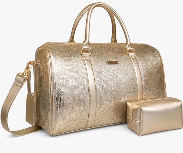 STRUTT Glittery Gold Duffel Bag for Women with Toiletry Kit – Lightweight Travel Duffel Bag, Cabin Luggage, Weekend & Overnight Travel Bag with Detachable Shoulder Strap, 45 x 22.5 x 26 cm