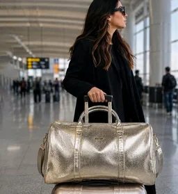 STRUTT Glittery Gold Duffel Bag for Women with Toiletry Kit – Lightweight Travel Duffel Bag, Cabin Luggage, Weekend & Overnight Travel Bag with Detachable Shoulder Strap, 45 x 22.5 x 26 cm