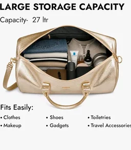 STRUTT Glittery Gold Duffel Bag for Women with Toiletry Kit – Lightweight Travel Duffel Bag, Cabin Luggage, Weekend & Overnight Travel Bag with Detachable Shoulder Strap, 45 x 22.5 x 26 cm