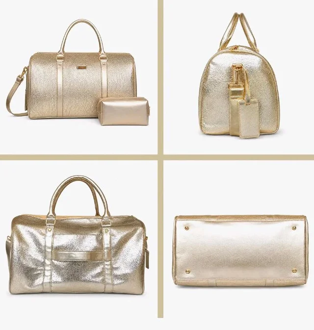 STRUTT Glittery Gold Duffel Bag for Women with Toiletry Kit – Lightweight Travel Duffel Bag, Cabin Luggage, Weekend & Overnight Travel Bag with Detachable Shoulder Strap, 45 x 22.5 x 26 cm