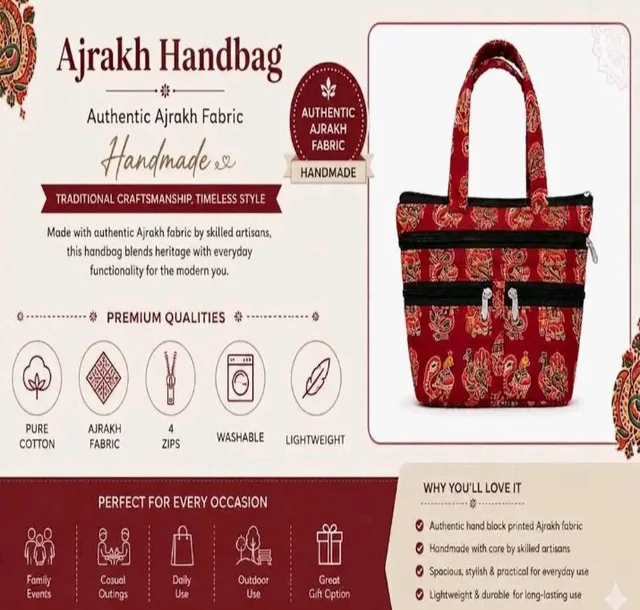 Handcrafted Cotton Handbag for Women Grey Top Handle Purse for Daily Use
Made with Authentic Ajrakh Fabric