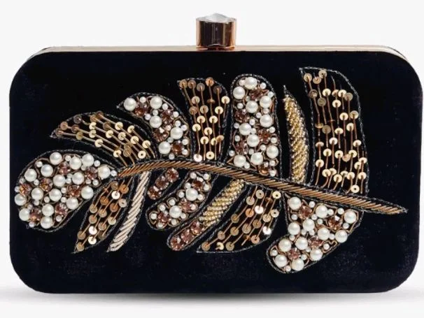 THE TAN CLAN Afrah Hand Embroidered Leaf Clutches Purse Luxury Evening HandBags for Women