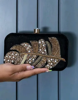 THE TAN CLAN Afrah Hand Embroidered Leaf Clutches Purse Luxury Evening HandBags for Women