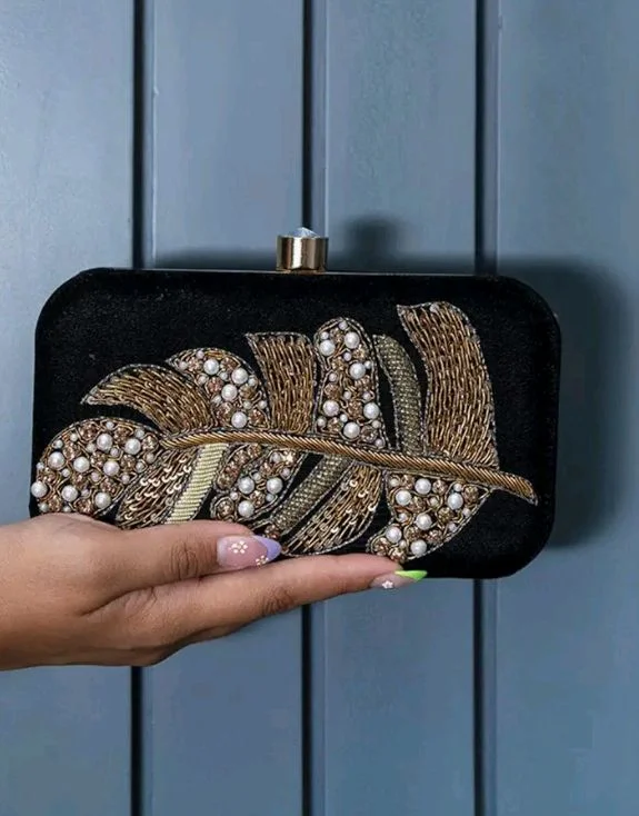 THE TAN CLAN Afrah Hand Embroidered Leaf Clutches Purse Luxury Evening HandBags for Women