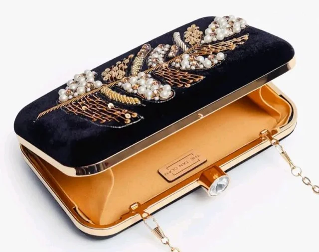 THE TAN CLAN Afrah Hand Embroidered Leaf Clutches Purse Luxury Evening HandBags for Women