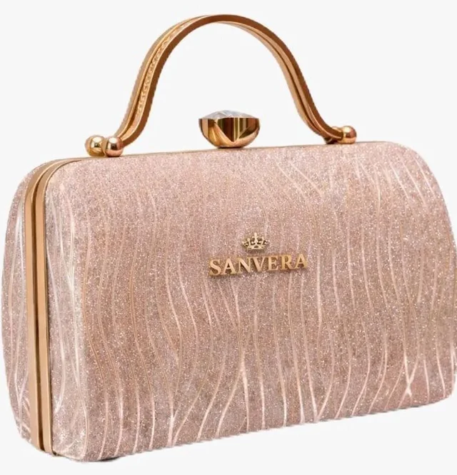 Glitter Box Clutch Bag for Women, Rose Gold
Metal Top Handle, Wave Pattern, Kiss-Lock Closure, Evening Handbag, Rose Gold Hardware