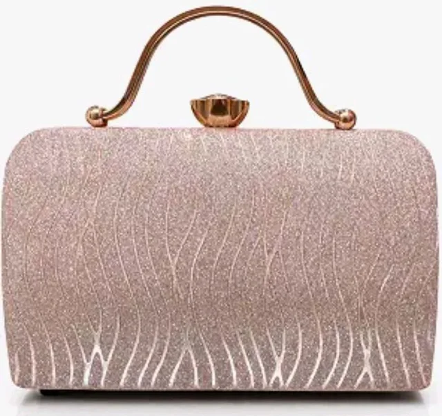 Glitter Box Clutch Bag for Women, Rose Gold
Metal Top Handle, Wave Pattern, Kiss-Lock Closure, Evening Handbag, Rose Gold Hardware