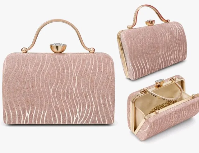 Glitter Box Clutch Bag for Women, Rose Gold
Metal Top Handle, Wave Pattern, Kiss-Lock Closure, Evening Handbag, Rose Gold Hardware