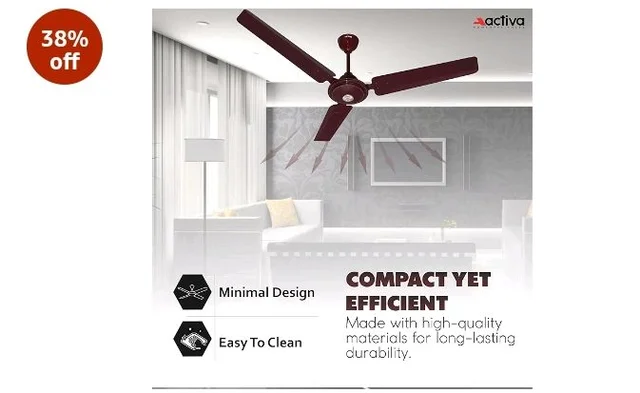 ACTIVA Apsara 1200mm Ceiling Fan, 390 RPM High Speed Air Delivery, Aerodynamic Large Sweep Blade for Air Delivery in Every Corner, 60 Watt Motor, 2 Years Warranty (Brown)
38%
off