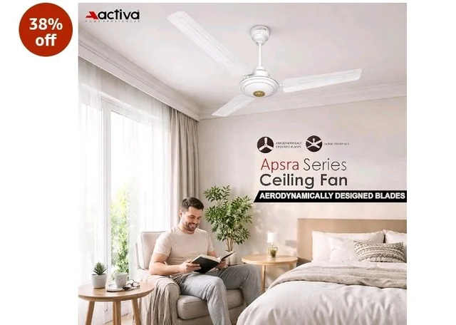 ACTIVA Apsara 1200mm Ceiling Fan, 390 RPM High Speed Air Delivery, Aerodynamic Large Sweep Blade for Air Delivery in Every Corner, 60 Watt Motor, 2 Years Warranty (White)