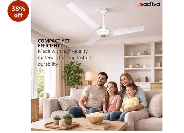 ACTIVA Apsara 1200mm Ceiling Fan, 390 RPM High Speed Air Delivery, Aerodynamic Large Sweep Blade for Air Delivery in Every Corner, 60 Watt Motor, 2 Years Warranty (White)