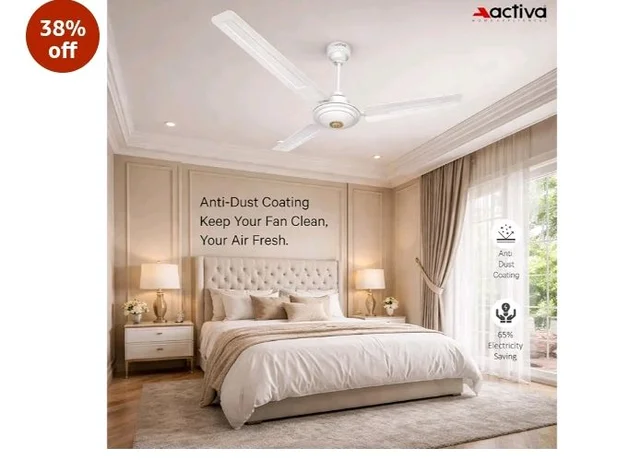 ACTIVA Apsara 1200mm Ceiling Fan, 390 RPM High Speed Air Delivery, Aerodynamic Large Sweep Blade for Air Delivery in Every Corner, 60 Watt Motor, 2 Years Warranty (White)