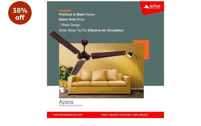 ACTIVA Apsara 1200mm Ceiling Fan, 390 RPM High Speed Air Delivery, 60 Watt Cooper Winding Motors, Anti Dust Coating, Less Noise, Large Sweep, 2 Years Warranty (Brown)
38%
off