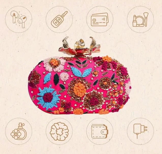 THE TAN CLAN Flora Resham Hand Embroidered Clutches Purse Luxury Evening HandBags for Women