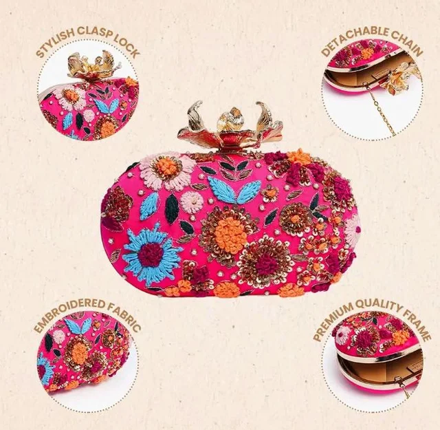 THE TAN CLAN Flora Resham Hand Embroidered Clutches Purse Luxury Evening HandBags for Women