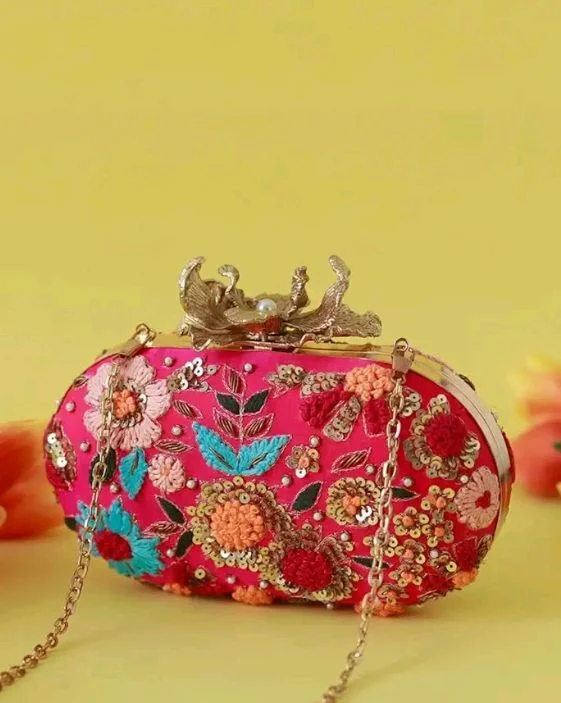 THE TAN CLAN Flora Resham Hand Embroidered Clutches Purse Luxury Evening HandBags for Women