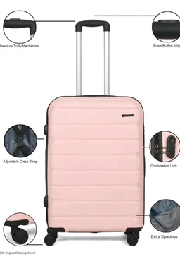 Teakwood Medium Cabin Size 8 Wheels Trolley Bag, Hard Cabin with Zipper Closure, Adjustable Push Button & Cross Side Strap, TSA Lock System 360 Degree (Medium, Rose)