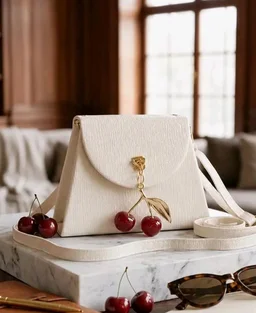 KBR® Women's Mini Crossbody Sling Bag, Textured PU Leather Shoulder Purse with Cherry Pendant Charm, Adjustable Strap, Magnetic Flap Closure, Compact Fashion Handbag for Girls & Women (Cream White)