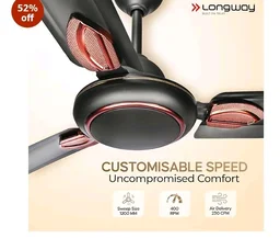 LONGWAY Kiger P2 1200 mm/48 inch Ultra High Speed 3 Blade Anti-Dust Decorative Star Rated Ceiling Fan 2 Years Warranty (Smoked Brown, Pack of 2)