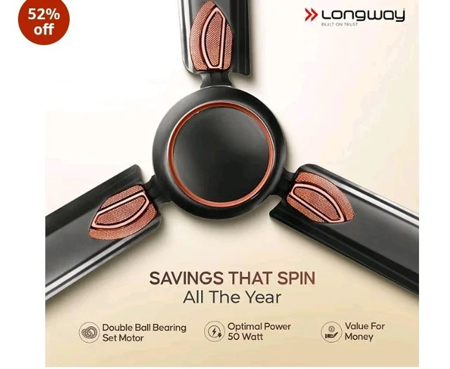 LONGWAY Kiger P2 1200 mm/48 inch Ultra High Speed 3 Blade Anti-Dust Decorative Star Rated Ceiling Fan 2 Years Warranty (Smoked Brown, Pack of 2)