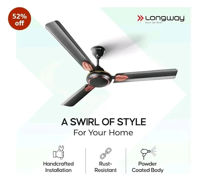 LONGWAY Kiger P2 1200 mm/48 inch Ultra High Speed 3 Blade Anti-Dust Decorative Star Rated Ceiling Fan 2 Years Warranty (Smoked Brown, Pack of 2)