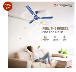 LONGWAY Kiger P2 1200 mm/48 inch Ultra High Speed 3 Blade Anti-Dust Decorative Star Rated Ceiling Fan 2 Years Warranty (Silver Blue, Pack of 2)