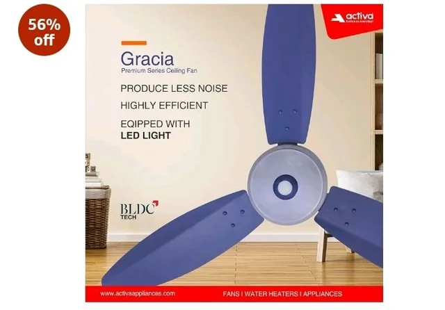 ACTIVA Gracia 1200mm Ceiling Fan with LED Light | 5 Star Energy Saving BLDC Motor | Remote Control, Reversible Mode & Timer | 3 Blade High Speed Ceiling Fan | 4 Year Warranty | Sparkle Blue
