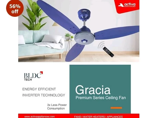 ACTIVA Gracia 1200mm BLDC Ceiling Fan with LED Light, 28W Energy Saving BEE 5 Star Rated Motor, 3 Wider Blades, Full Remote Control, Silent Operation come with 5 Year Warranty (Sparkle Blue)