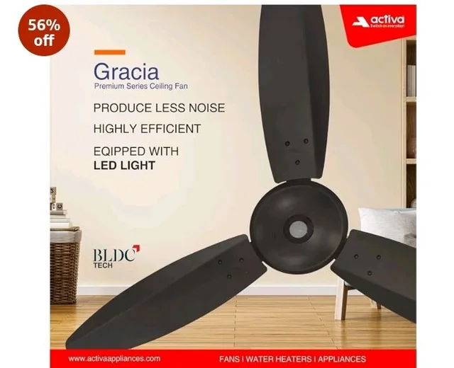 ACTIVA Gracia BLDC Ceiling Fan 1200mm | LED Light Ceiling Fan with Remote Control | 5 Star Rated Energy Efficient Fan | 28W High Speed Motor | Silent 3 Blade Design | Smoke Brown | 5 Year Warranty