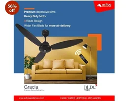 ACTIVA Gracia BLDC Ceiling Fan 1200mm | LED Light Ceiling Fan with Remote Control | 5 Star Rated Energy Efficient Fan | 28W High Speed Motor | Silent 3 Blade Design | Smoke Brown | 5 Year Warranty