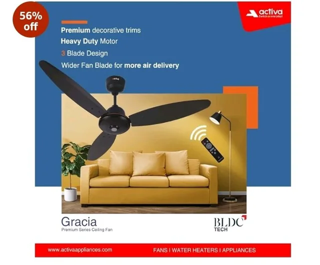 ACTIVA Gracia BLDC Ceiling Fan 1200mm | LED Light Ceiling Fan with Remote Control | 5 Star Rated Energy Efficient Fan | 28W High Speed Motor | Silent 3 Blade Design | Smoke Brown | 5 Year Warranty