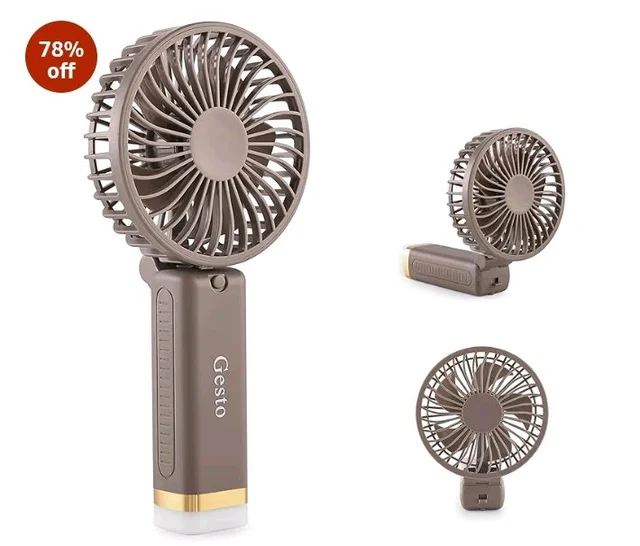 Gesto Portable Fan Rechargeable with LED Light – Foldable Mini Fan, Small Fan,USB Charging Hand Fan with 1200mAh Battery & 3 Speed Modes | Travel, Makeup, Kitchen,Women’s Personal Pankhaa - Grey