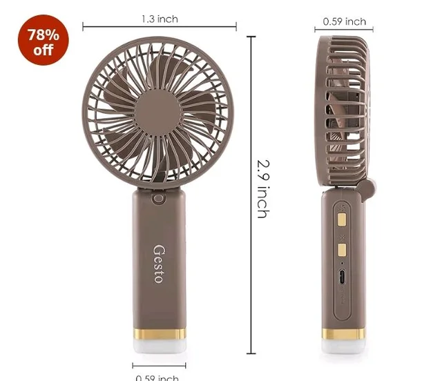 Gesto Portable Fan Rechargeable with LED Light – Foldable Mini Fan, Small Fan,USB Charging Hand Fan with 1200mAh Battery & 3 Speed Modes | Travel, Makeup, Kitchen,Women’s Personal Pankhaa - Grey