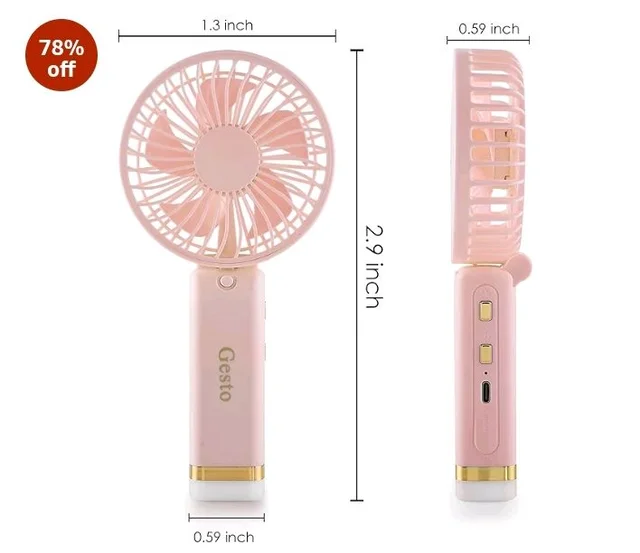 Gesto Portable Fan Rechargeable with LED Light – Foldable Mini Fan, Small Fan,USB Charging Hand Fan with 1200mAh Battery & 3 Speed Modes | Travel, Makeup, Kitchen,Women’s Personal Pankhaa - Pink