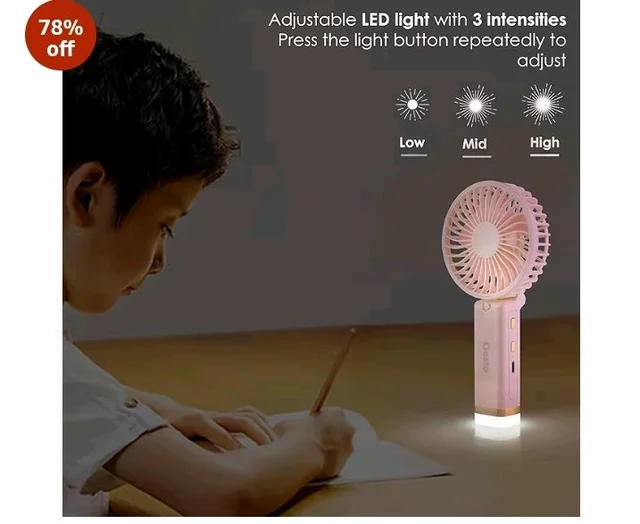 Gesto Portable Fan Rechargeable with LED Light – Foldable Mini Fan, Small Fan,USB Charging Hand Fan with 1200mAh Battery & 3 Speed Modes | Travel, Makeup, Kitchen,Women’s Personal Pankhaa - Pink