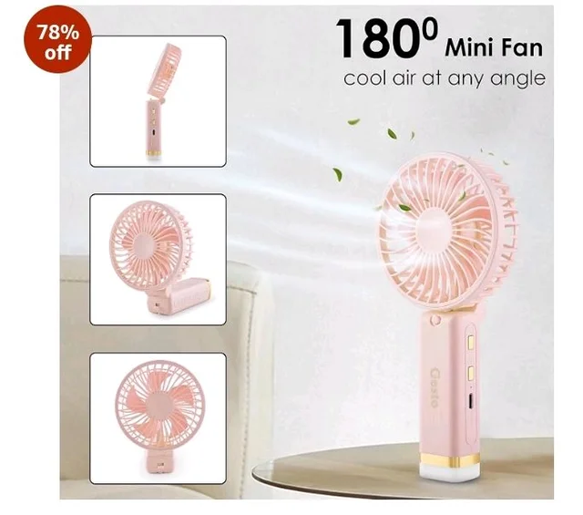 Gesto Portable Fan Rechargeable with LED Light – Foldable Mini Fan, Small Fan,USB Charging Hand Fan with 1200mAh Battery & 3 Speed Modes | Travel, Makeup, Kitchen,Women’s Personal Pankhaa - Pink