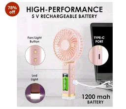 Gesto Portable Fan Rechargeable with LED Light – Foldable Mini Fan, Small Fan,USB Charging Hand Fan with 1200mAh Battery & 3 Speed Modes | Travel, Makeup, Kitchen,Women’s Personal Pankhaa - Pink