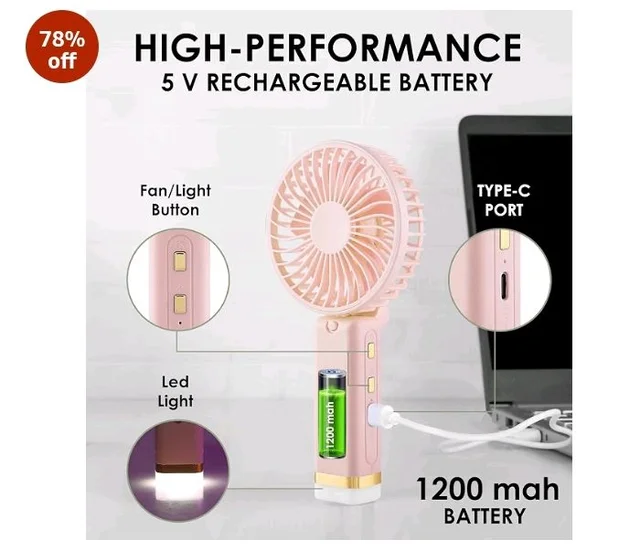 Gesto Portable Fan Rechargeable with LED Light – Foldable Mini Fan, Small Fan,USB Charging Hand Fan with 1200mAh Battery & 3 Speed Modes | Travel, Makeup, Kitchen,Women’s Personal Pankhaa - Pink