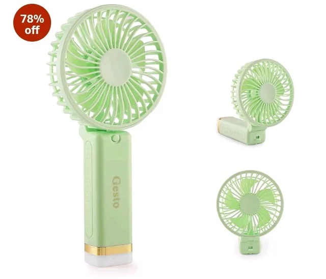 Gesto Portable Fan Rechargeable with LED Light – Foldable Mini Fan, Small Fan,USB Charging Hand Fan with 1200mAh Battery & 3 Speed Modes | Travel, Makeup, Kitchen,Women’s Personal Pankhaa - Green