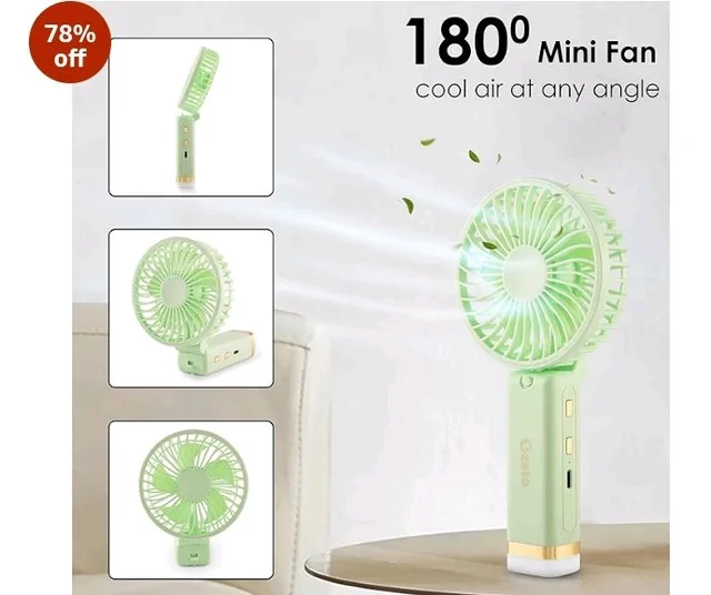 Gesto Portable Fan Rechargeable with LED Light – Foldable Mini Fan, Small Fan,USB Charging Hand Fan with 1200mAh Battery & 3 Speed Modes | Travel, Makeup, Kitchen,Women’s Personal Pankhaa - Green