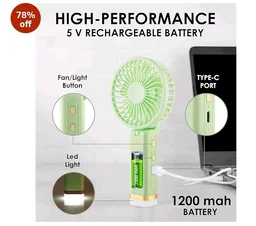 Gesto Portable Fan Rechargeable with LED Light – Foldable Mini Fan, Small Fan,USB Charging Hand Fan with 1200mAh Battery & 3 Speed Modes | Travel, Makeup, Kitchen,Women’s Personal Pankhaa - Green