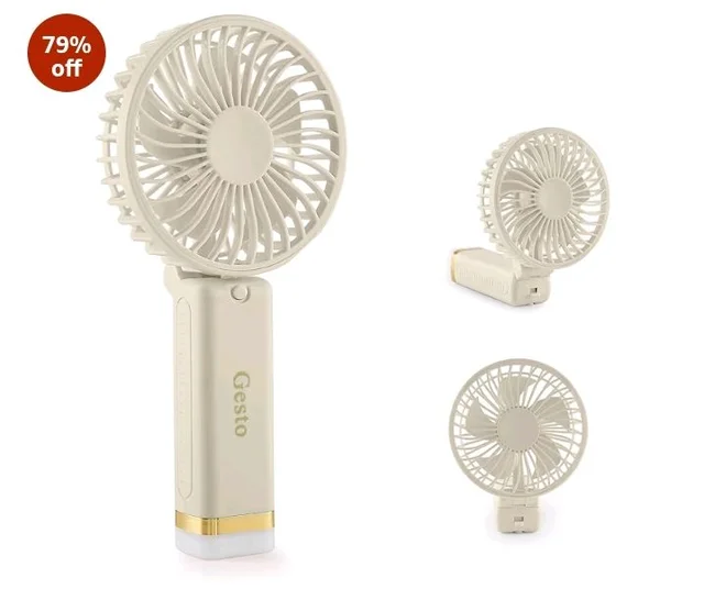 Gesto Portable Fan Rechargeable with LED Light – Foldable Mini Fan, Small Fan,USB Charging Hand Fan with 1200mAh Battery & 3 Speed Modes | Travel, Makeup, Kitchen,Women’s Personal Pankhaa - White